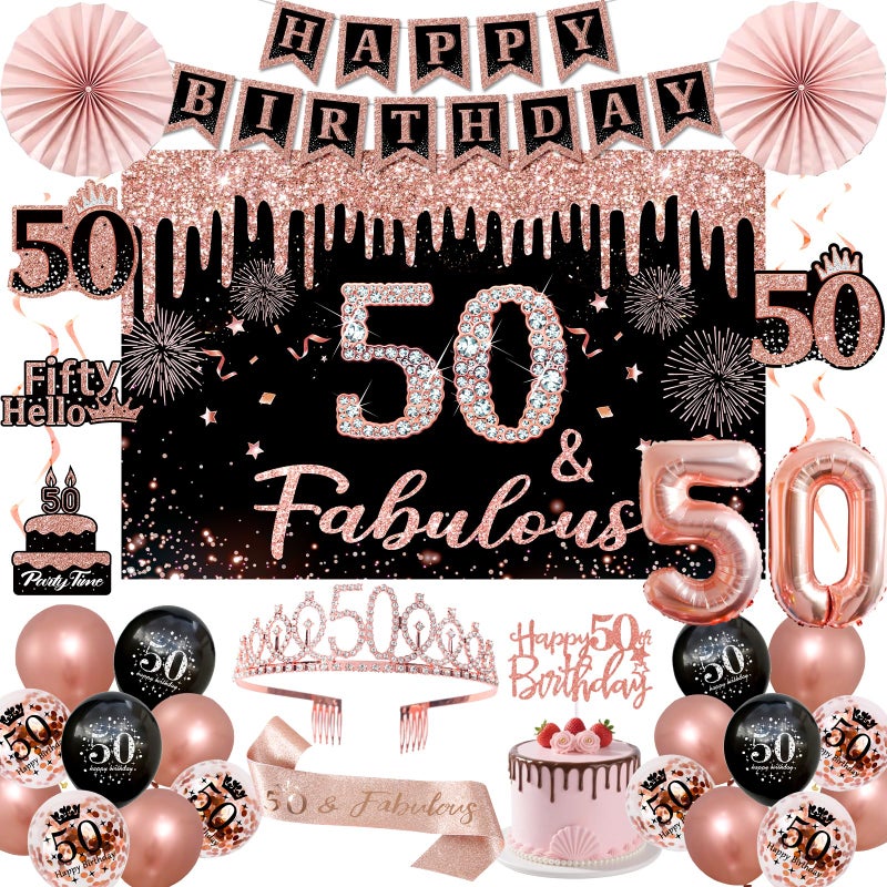 QIFU 50th Birthday Decorations for Women - 34pcs Black Rose Gold Birthday Party Decor Include Happy 50th Birthday Banner 50 Years Old Crown Sash Backdrop Balloons Cake Topper Hanging Swirls Paper Fans - Image 1