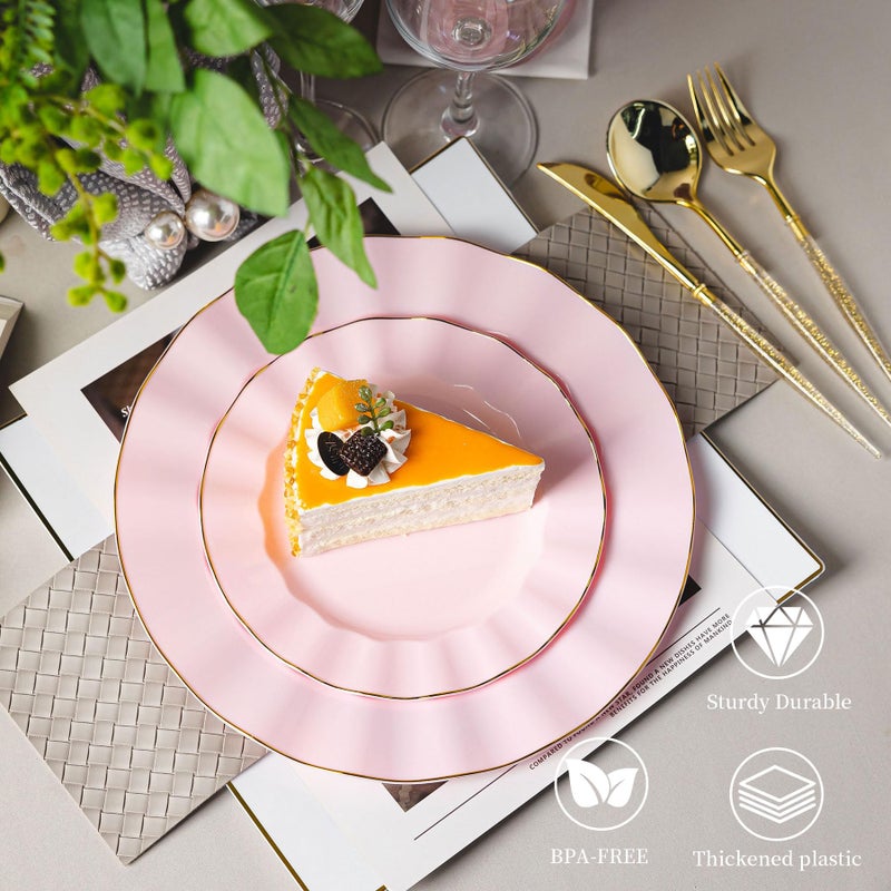 QualQuot 120PCS Pink Plastic Plates, Heavy Duty Disposable Party Plates with Gold Rim, Fancy 60 Dinner & 60 Dessert Plates for Parties and Wedding - Image 5