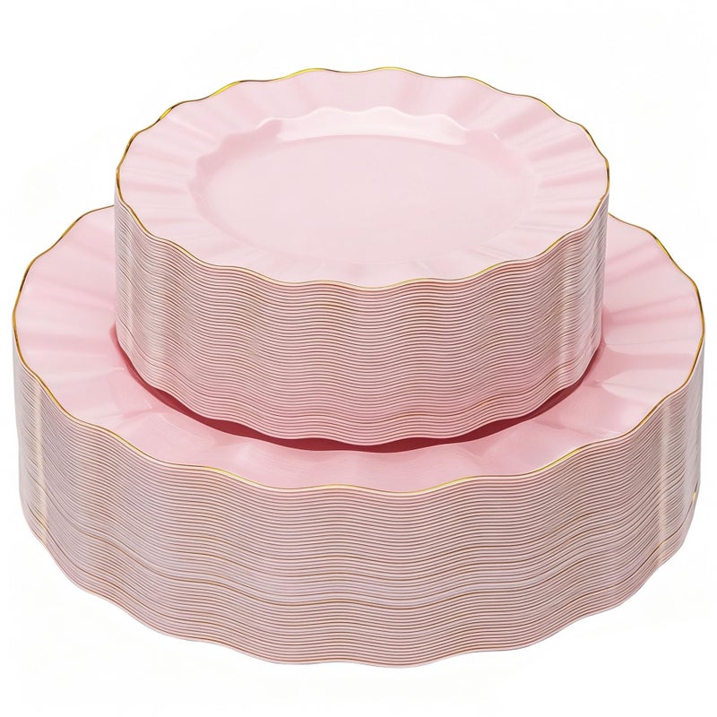 QualQuot 120PCS Pink Plastic Plates, Heavy Duty Disposable Party Plates with Gold Rim, Fancy 60 Dinner & 60 Dessert Plates for Parties and Wedding - Image 1