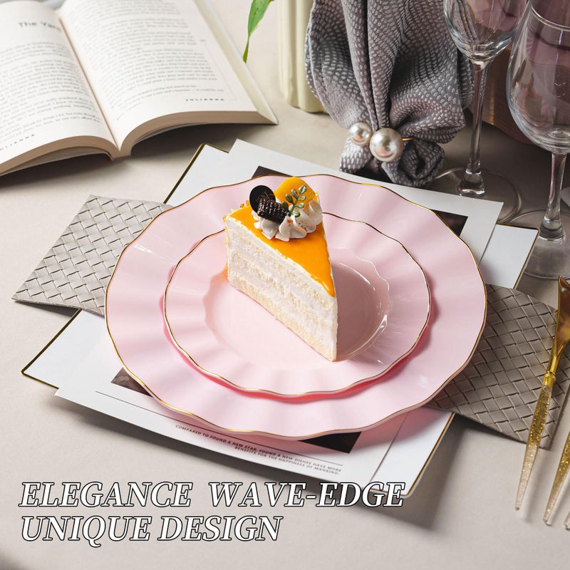 QualQuot 120PCS Pink Plastic Plates, Heavy Duty Disposable Party Plates with Gold Rim, Fancy 60 Dinner & 60 Dessert Plates for Parties and Wedding - Image 3