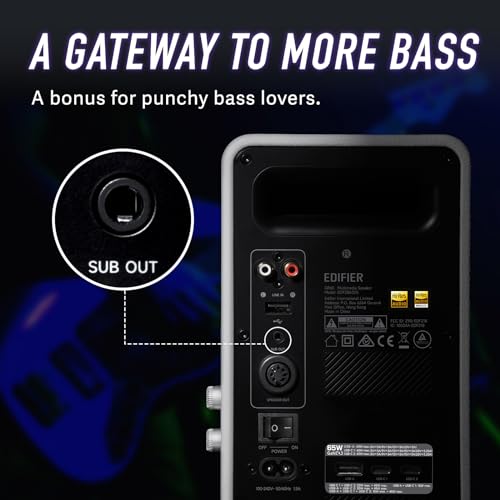 EDIFIER مكبر صوت نشط Edifier QR65 مع وظيفة شاحن سريع GaN بقوة 65 واط، مكبرات صوت كمبيوتر بلوتوث بقوة 70 واط RMS مع صوت لاسلكي عالي الدقة 24 بت، مخرج مضخم صوت وتأثيرات ضوئية (أبيض) - Image 4