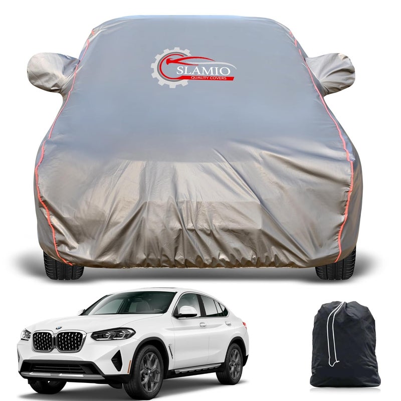 Slamio Heavy-Duty Car Body Cover for BMW X4 | Waterproof, Dustproof, UV Protection, Custom Fit, Heavy Belt & Buckle with Mirror & Antenna Pocket | Dark Grey - Image 1