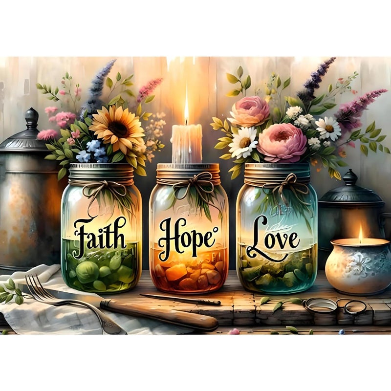 Fotasmua 5D Diamond Painting Kits for Adults, Faith, Hope, Love Wishing Bottle Diamond Art kit for Adults Beginner, DIY Full Drill Diamond Dots with Diamond Gem Art and Crafts for Home Wall Decor 16 x 12 Inch - Image 1