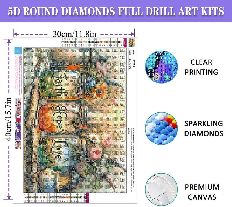 Fotasmua 5D Diamond Painting Kits for Adults, Faith, Hope, Love Wishing Bottle Diamond Art kit for Adults Beginner, DIY Full Drill Diamond Dots with Diamond Gem Art and Crafts for Home Wall Decor 16 x 12 Inch - Image 4