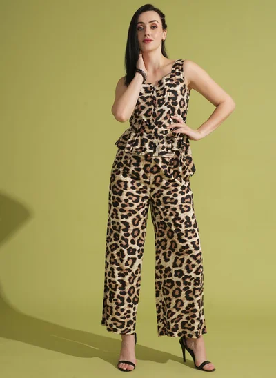 جلو باص بلوزة نسائية مربعة الرقبة بطبعة تجريدية مع بنطلون