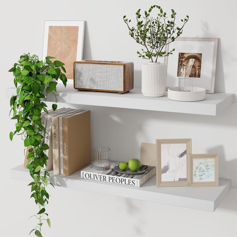 Marsmiles Wood Floating Shelves for Wall Set of 2 24 Inch Wide Rustic Wooden Floating Shelves Invisible Wall Mounted Display for Living Room Bedroom Kitchen Bathroom Office White