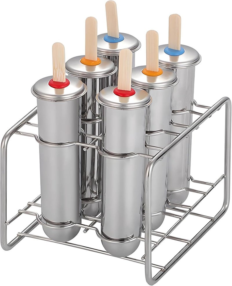 ELEMONY Stainless Steel Popsicle Molds, Set of 6 Ice Cream Maker, Ice Pop Molds With Holder, Metal Reusable Homemade Popsicle Molds with Sticks and Bags (Round Cup, No Slot) - Image 1