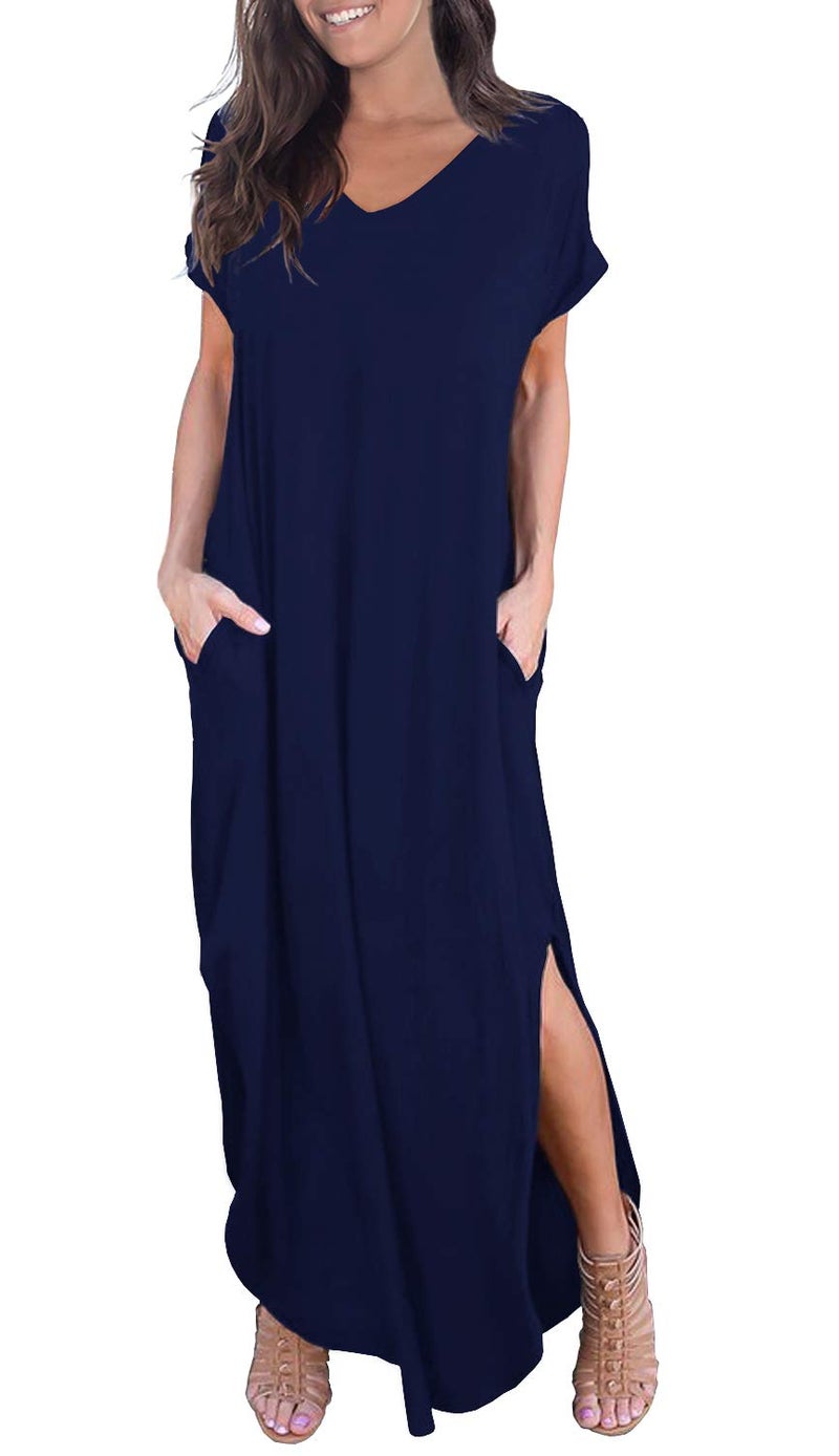 GRECERELLE Women's Maxi Dress Summer Casual Loose Side Split Short Sleeve V Neck Long Dresses with Pockets, Navy Blue, Medium - Image 1