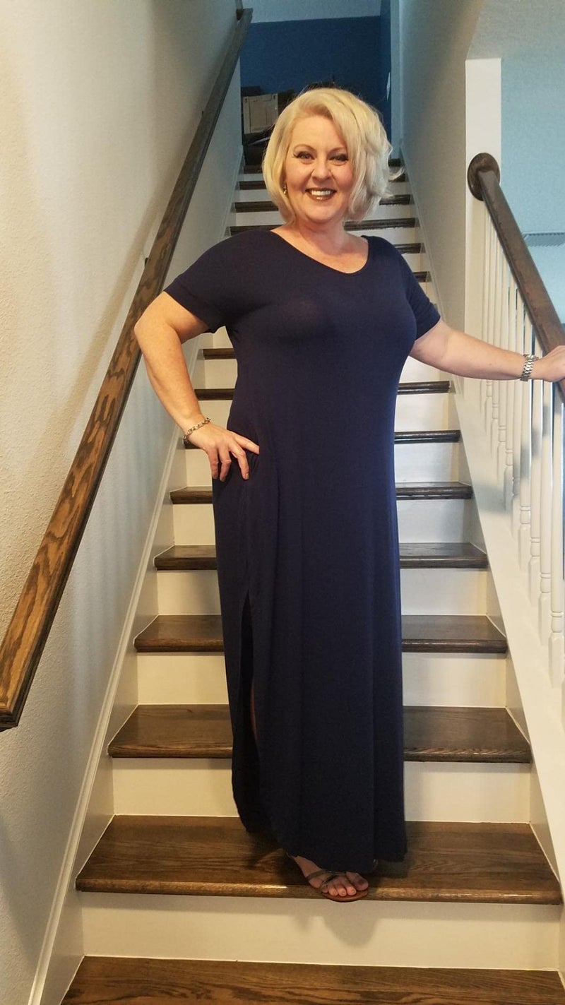 GRECERELLE Women's Maxi Dress Summer Casual Loose Side Split Short Sleeve V Neck Long Dresses with Pockets, Navy Blue, Medium - Image 3