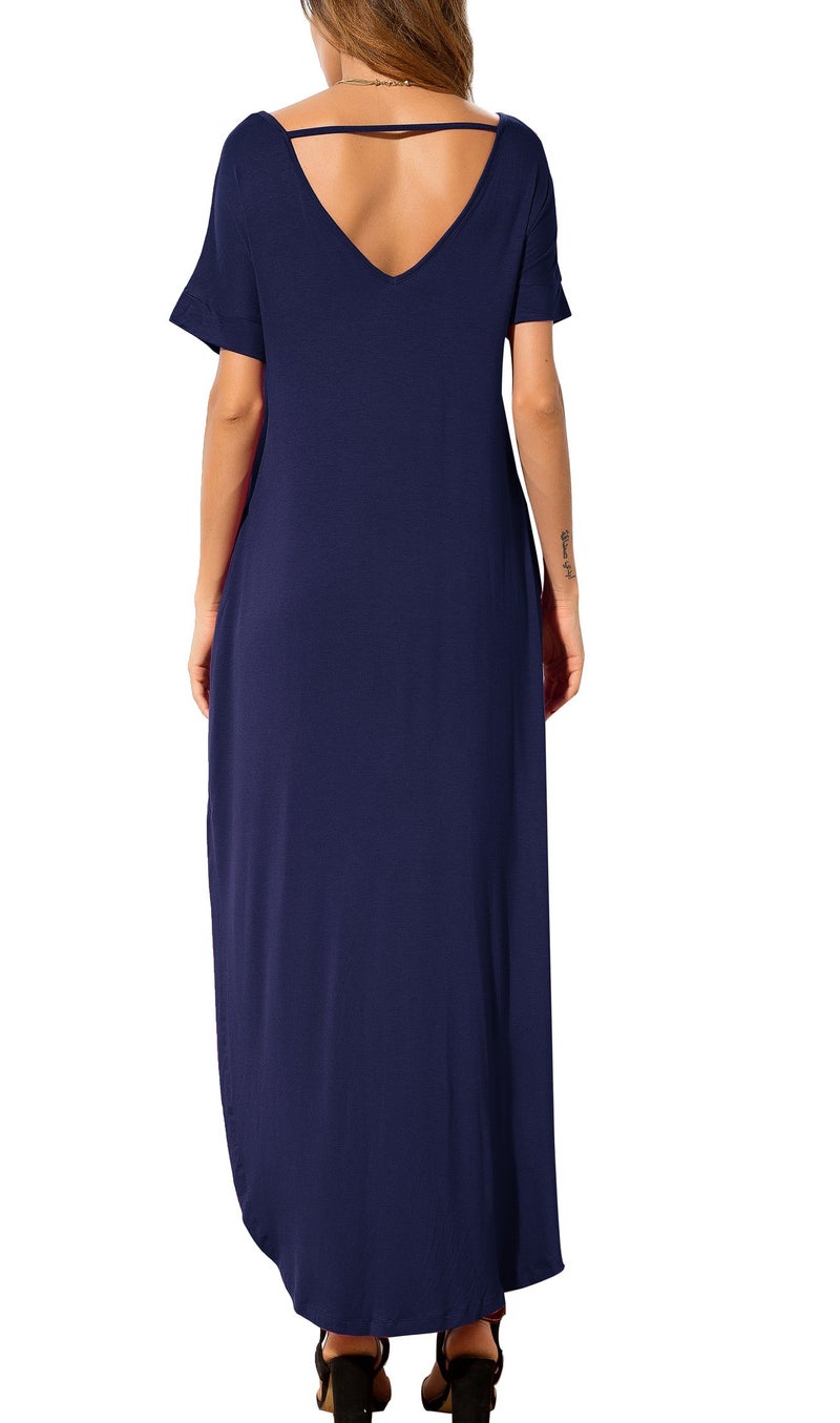 GRECERELLE Women's Maxi Dress Summer Casual Loose Side Split Short Sleeve V Neck Long Dresses with Pockets, Navy Blue, Medium - Image 2