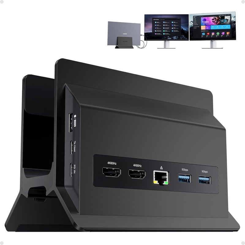 PULWTOP محطة إرساء لابتوب USB-C مع شاشة مزدوجة، 11 في 1 قاعدة رأسية مع 2 HDMI 4K، 3 USB A/C 10Gbps، 2 USB-A 5Gbps، USB A 2.0، إيثرنت، حامل محطة إرساء لأجهزة لابتوب من نوع USB-C (أسود-1) - Image 1