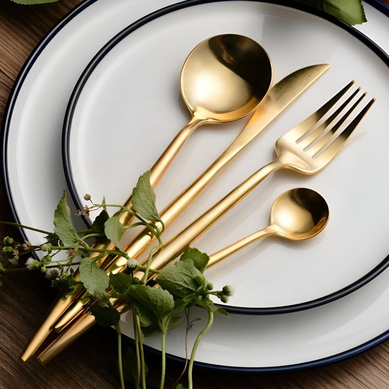 Gold Plated Tableware - Enhance your table setting with a premium gold-plated stainless steel cutlery set, perfect for entertaining guests at home or in restaurants during festive gatherings. (8 pcs) - Image 1