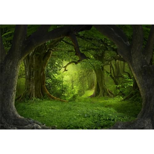 Leowefowa 7x5ft Green Jungle Forest Backdrop for Birthday Enchanted Forest Green Grassland Vinyl Photography Background Children Baby Wild One 1st Birthday Banner Cake Smash Church Sanctuary Decor - Image 1