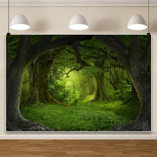 Leowefowa 7x5ft Green Jungle Forest Backdrop for Birthday Enchanted Forest Green Grassland Vinyl Photography Background Children Baby Wild One 1st Birthday Banner Cake Smash Church Sanctuary Decor - Image 5