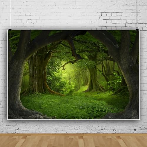 Leowefowa 7x5ft Green Jungle Forest Backdrop for Birthday Enchanted Forest Green Grassland Vinyl Photography Background Children Baby Wild One 1st Birthday Banner Cake Smash Church Sanctuary Decor - Image 2
