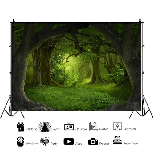 Leowefowa 7x5ft Green Jungle Forest Backdrop for Birthday Enchanted Forest Green Grassland Vinyl Photography Background Children Baby Wild One 1st Birthday Banner Cake Smash Church Sanctuary Decor - Image 4
