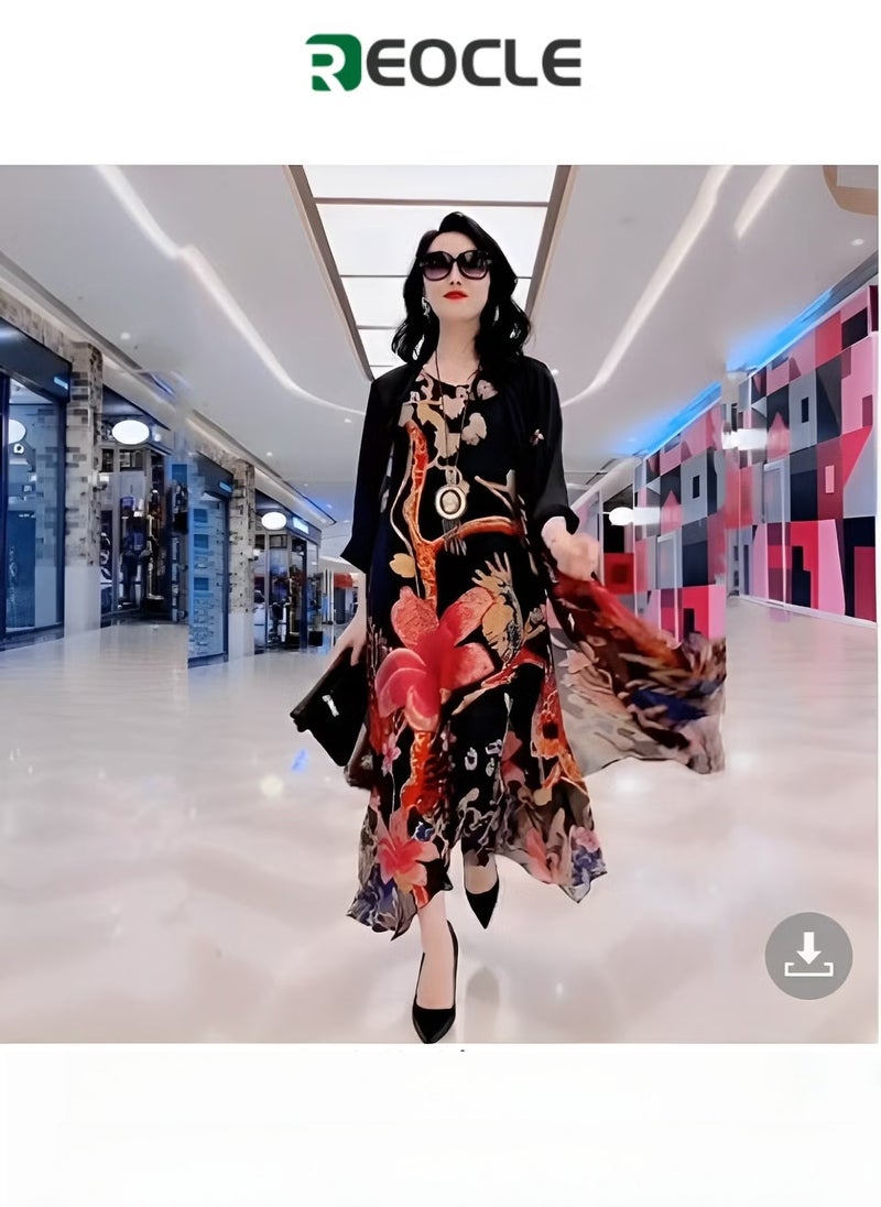 ريوكل فستان حريري نسائي مكون من قطعتين، طقم أنيق بلون سادة مع تصميم مطبوع عصري وحاشية مريحة وتصميم نصف كم، فستان صيفي ضيق - Image 1