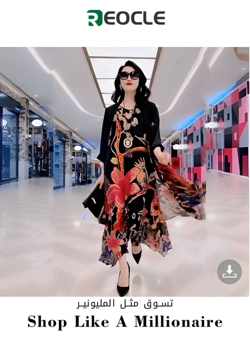 REOCLE - Women's Silk Dress 2 Pieces Elegant Outfit Soothing Solid Color Suit with Fashion Print Design & Relaxed Hem & Half Sleeve Design Summer Slim Dress - Image 1