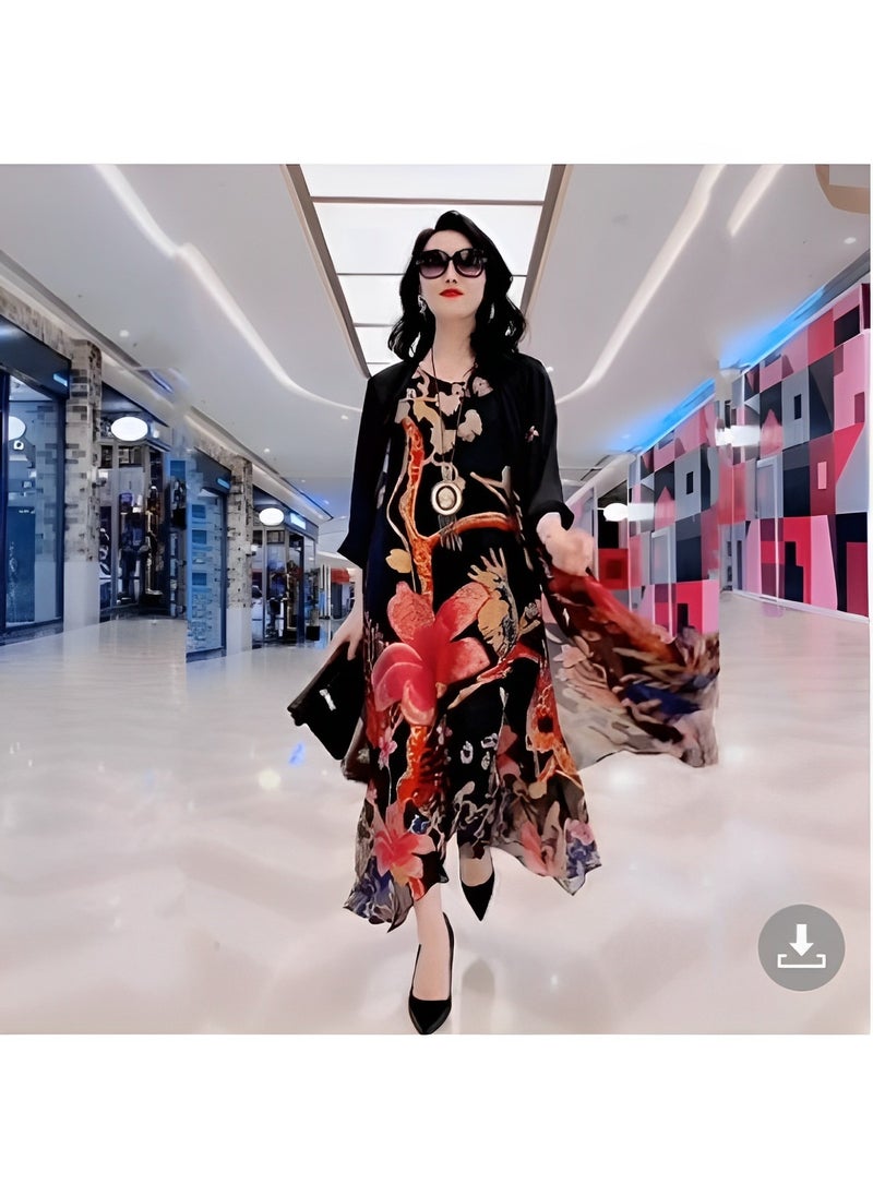 REOCLE - Women's Silk Dress 2 Pieces Elegant Outfit Soothing Solid Color Suit with Fashion Print Design & Relaxed Hem & Half Sleeve Design Summer Slim Dress - Image 1