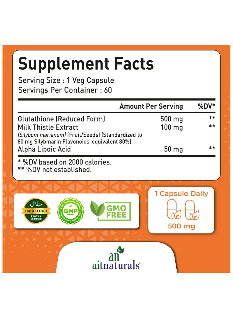 Aitnaturals Glutathione - 500mg with milk thistle extract  (60 Capsules) - Image 2