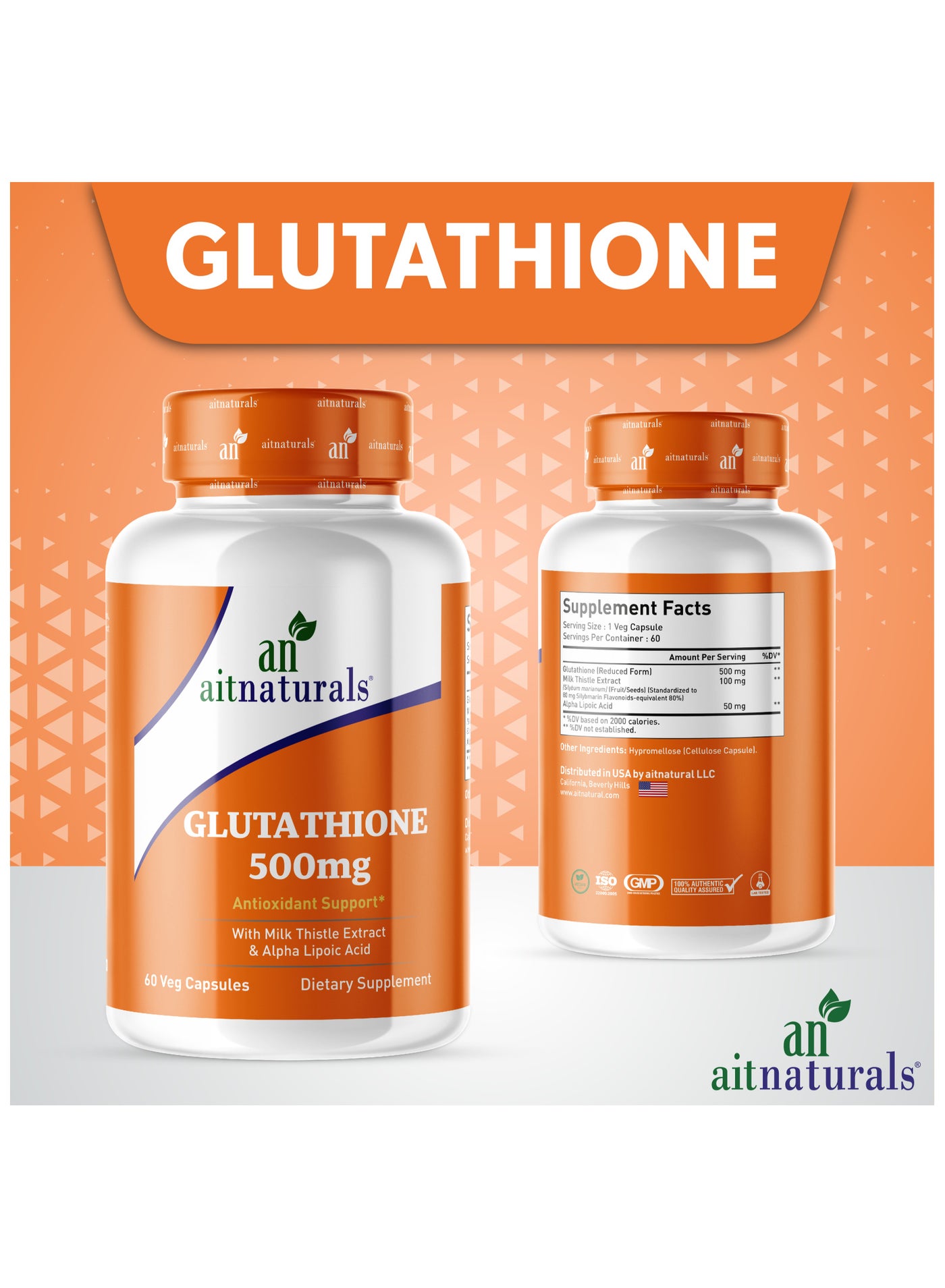 Aitnaturals Glutathione - 500mg with milk thistle extract (60 Capsules) | Best Price Bahrain