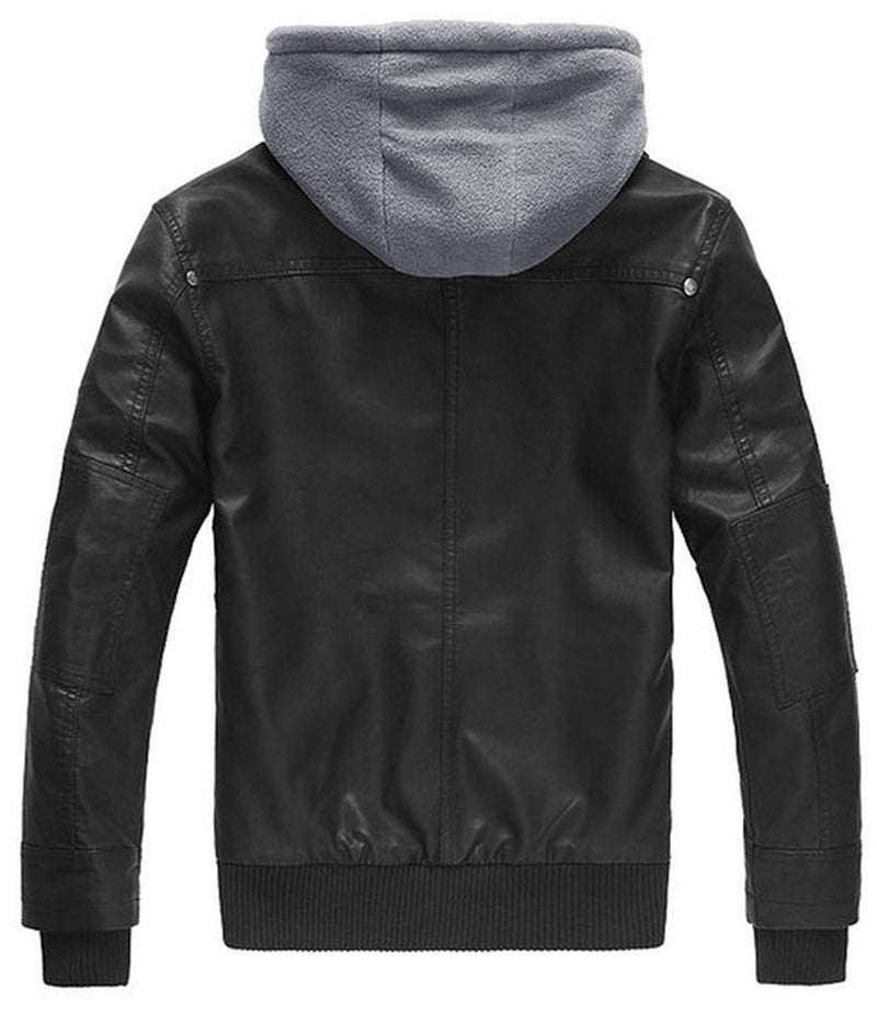 wantdo Men's Motorcycle Leather Jacket Hooded Warm Winter Jacket Large Black(Thick) - Image 3