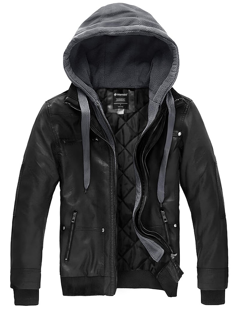 wantdo Men's Motorcycle Leather Jacket Hooded Warm Winter Jacket Large Black(Thick) - Image 1