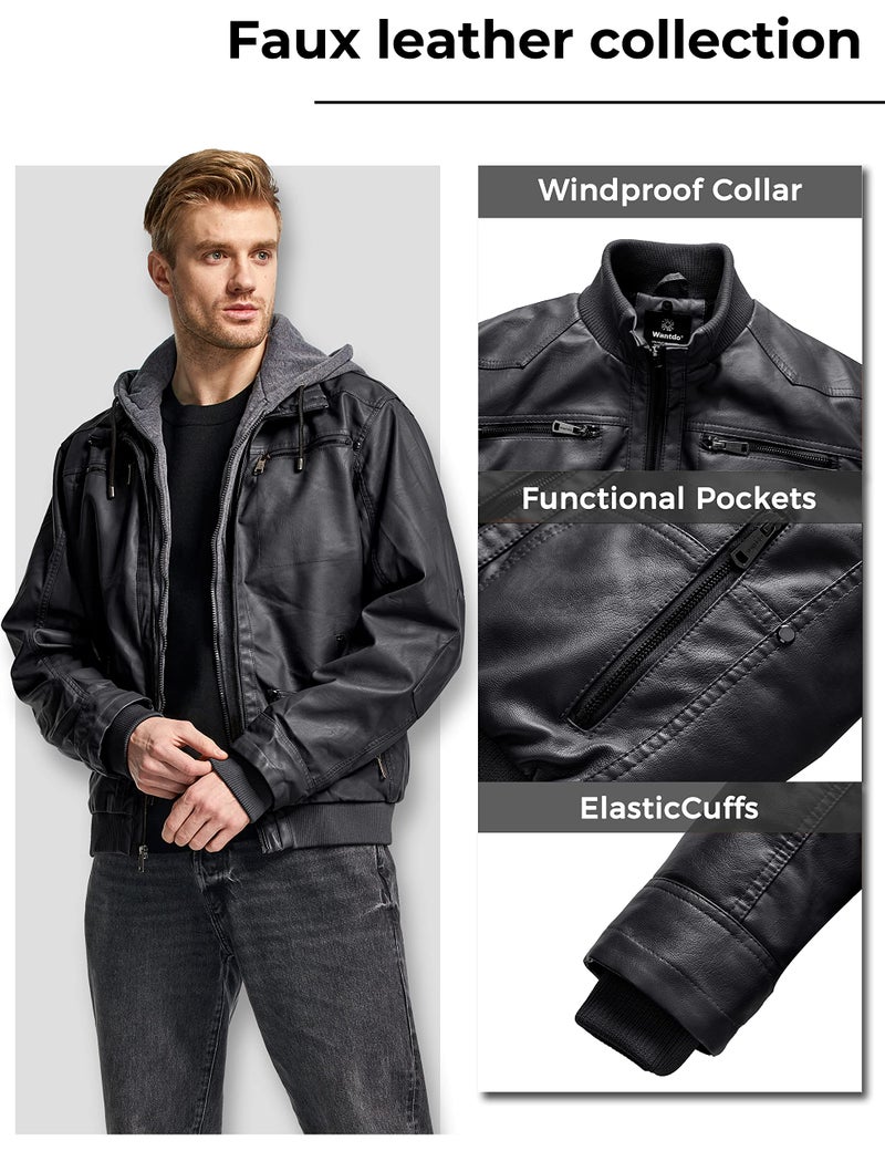 wantdo Men's Motorcycle Leather Jacket Hooded Warm Winter Jacket Large Black(Thick) - Image 5