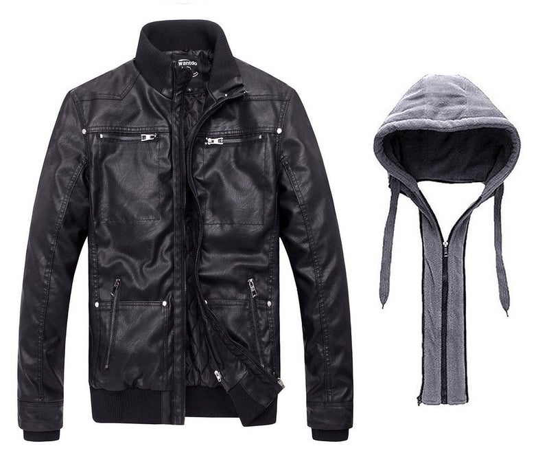wantdo Men's Motorcycle Leather Jacket Hooded Warm Winter Jacket Large Black(Thick) - Image 2