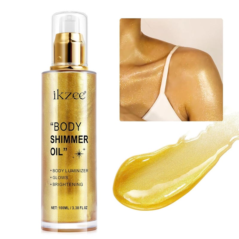 Body Shimmer Oil 100ml Moisturizing Long Lasting Body Luminizer Face Brighten Waterproof Liquid Illuminator Body Glitter Oil Shimmer Glow Highlighter Summer Glowing Taning Makeup 02 Gold