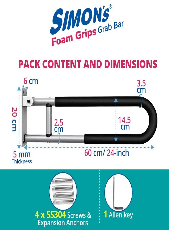 Simon's Simon’s FoamGrips Heavy-Duty Aluminum Folding Grab bar for Elderly in Toilet | Wall Mounted Anti-Slip Hand Railing, Flip up Safety Handle in Bathroom | 60 cm - Pack of 1 - Image 2