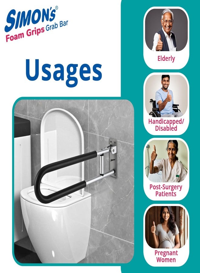 Simon's Simon’s FoamGrips Heavy-Duty Aluminum Folding Grab bar for Elderly in Toilet | Wall Mounted Anti-Slip Hand Railing, Flip up Safety Handle in Bathroom | 60 cm - Pack of 1 - Image 5