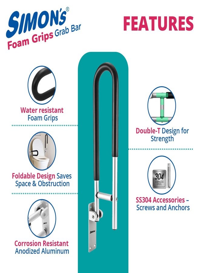 Simon's Simon’s FoamGrips Heavy-Duty Aluminum Folding Grab bar for Elderly in Toilet | Wall Mounted Anti-Slip Hand Railing, Flip up Safety Handle in Bathroom | 60 cm - Pack of 1 - Image 3
