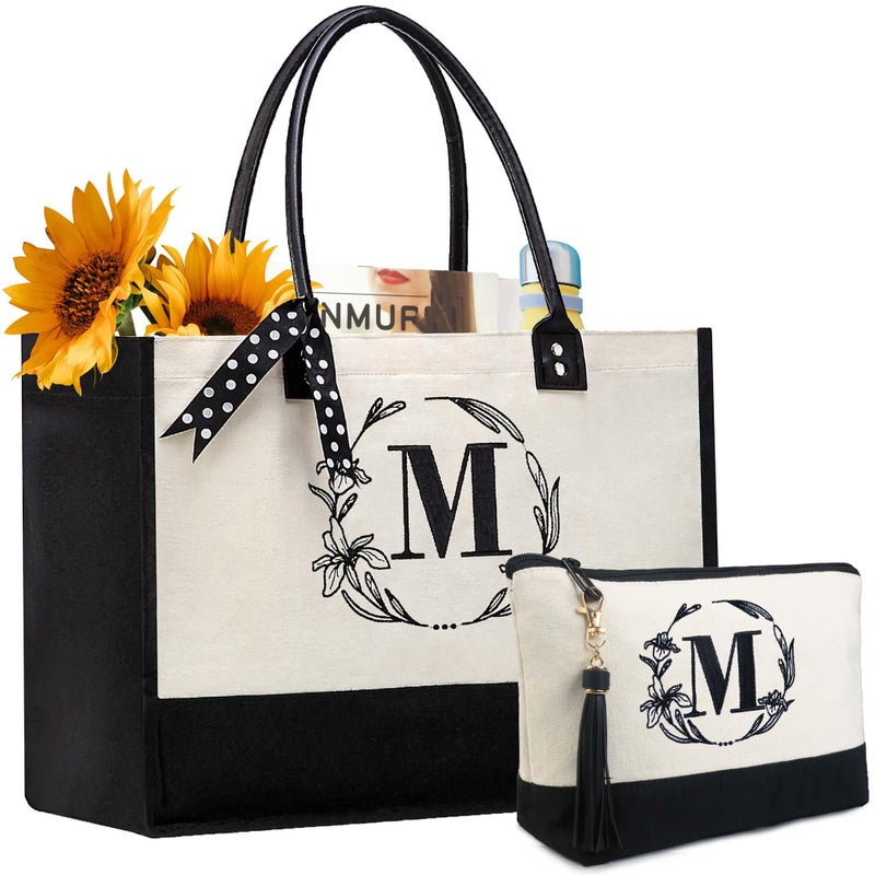 BeeGreen BeeGreen Valentine's Day Gifts for Women Personalized-Gifts-for-Female-Friends Mother Grandma Canvas Tote Bag Embroidery Initial Monogram Bag, Large Birthday Thank you Gifts M  - Image 1