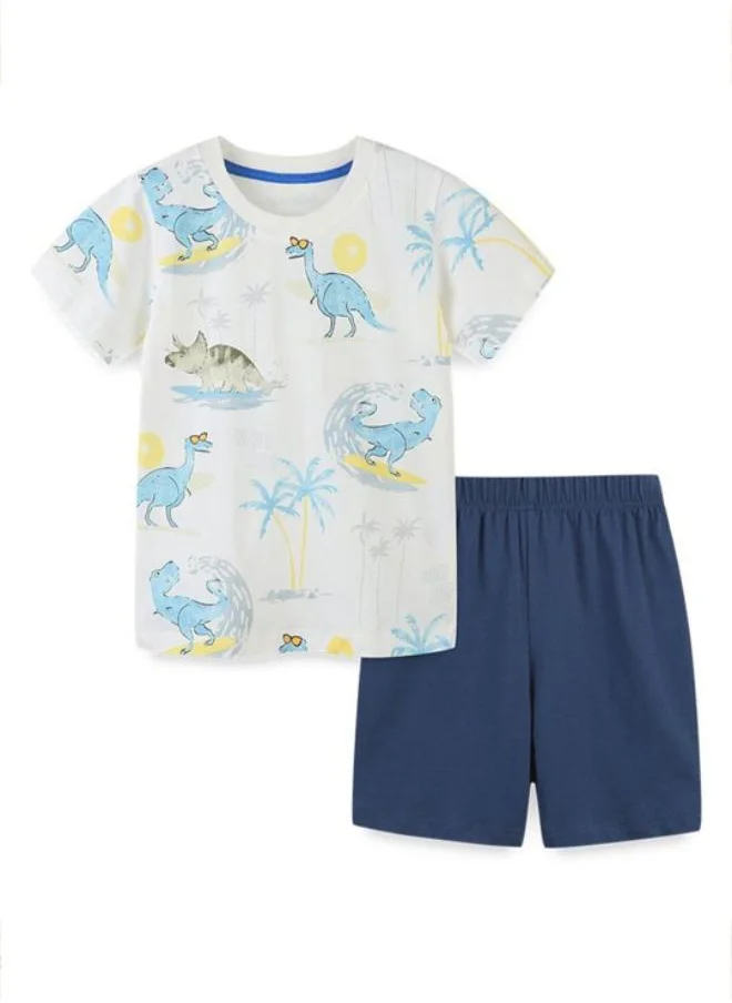 يونيكي White Crew Neck Short Sleeve Printed Tshirt & Shorts
