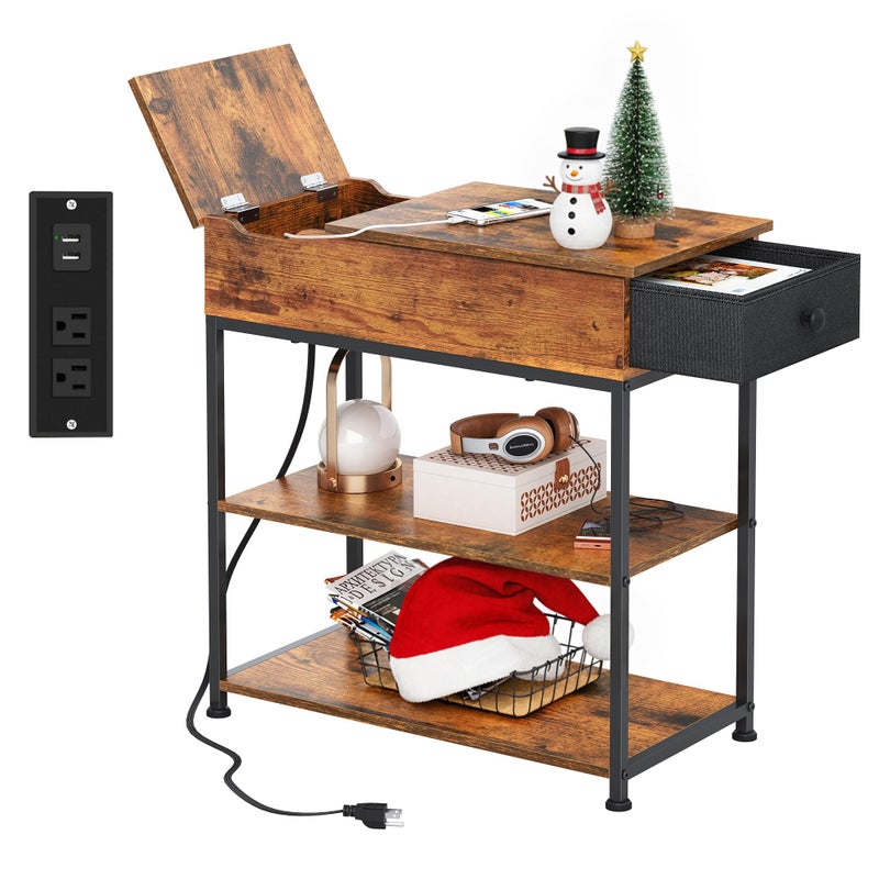WLIVE Narrow Side Table with Charging Station, Couch Side Table for Living Room, Narrow End Table for Bedroom with Fabric Drawer, USB Ports and Power Outlets, Samll Nightstand Tables, Rustic Brown - Image 1