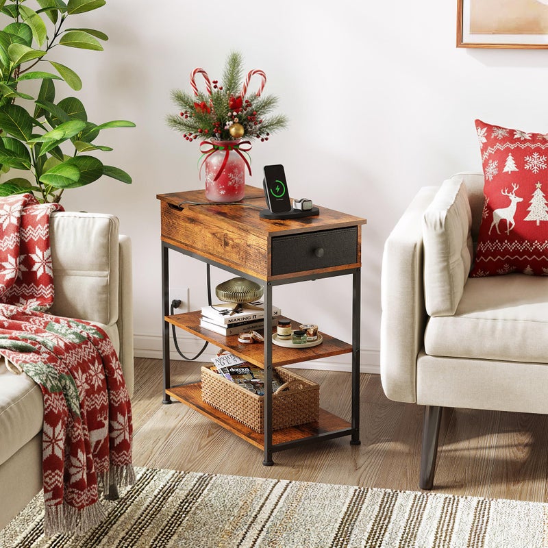WLIVE Narrow Side Table with Charging Station, Couch Side Table for Living Room, Narrow End Table for Bedroom with Fabric Drawer, USB Ports and Power Outlets, Samll Nightstand Tables, Rustic Brown - Image 5