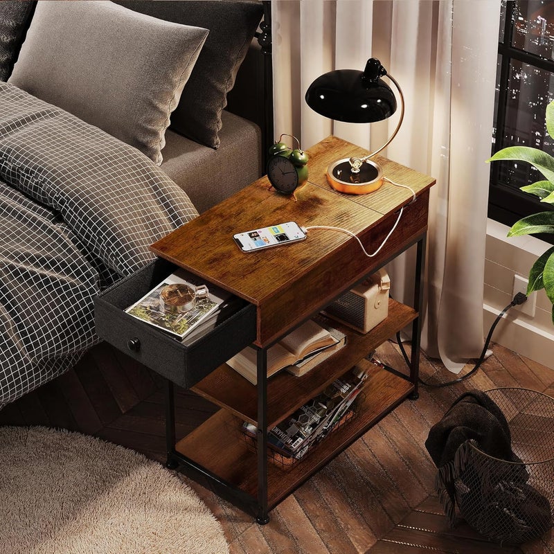 WLIVE Narrow Side Table with Charging Station, Couch Side Table for Living Room, Narrow End Table for Bedroom with Fabric Drawer, USB Ports and Power Outlets, Samll Nightstand Tables, Rustic Brown - Image 4