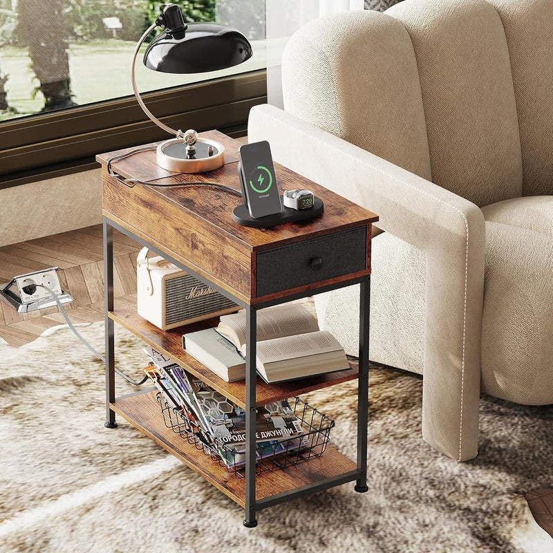 WLIVE Narrow Side Table with Charging Station, Couch Side Table for Living Room, Narrow End Table for Bedroom with Fabric Drawer, USB Ports and Power Outlets, Samll Nightstand Tables, Rustic Brown - Image 3