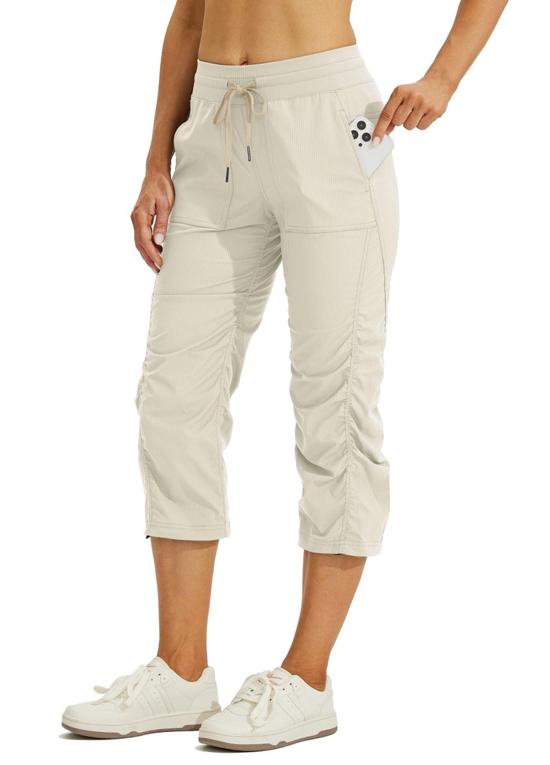 Willit Women's Quick-Dry Capris Travel Pants Lightweight Striped Woven Hiking Workout Casual Pants with Pockets Light Khaki L - Image 1
