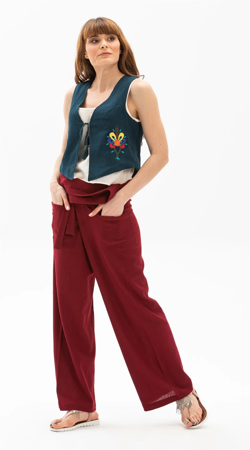اليش شيل بيزي Unisex Şile Bezi Balıkçı Pantolon Bordo Brd