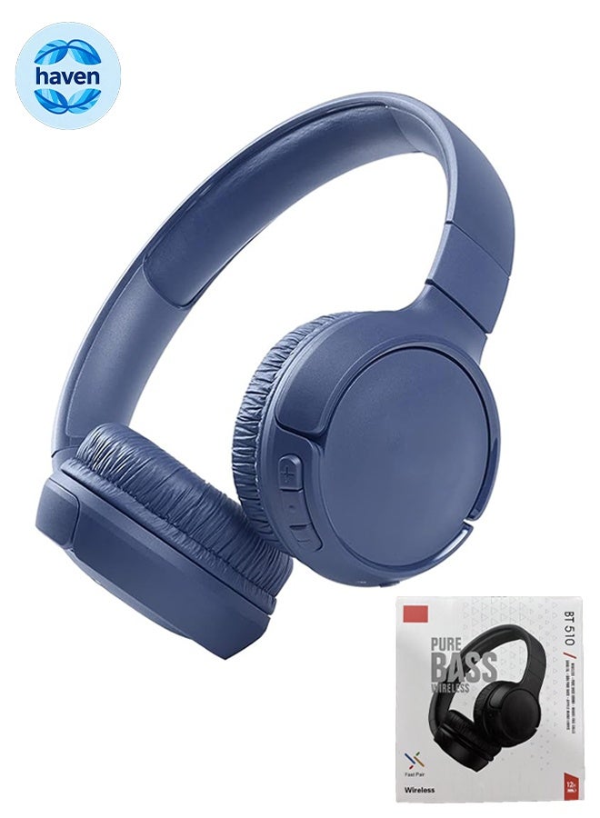 Wireless On-Ear Headphones, Pure Bass Sound, Built-in Microphone, Hands-Free Call, Multi-Angle Rotation and Folding - Blue