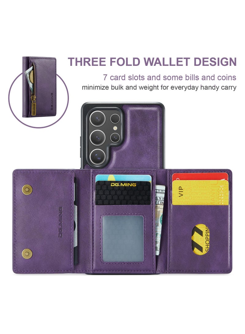 DGMING CaseMe Wallet Case for Samsung Galaxy S25 Ultra DGMING Premium Leather Phone Case Back Cover Magnetic Detachable with Trifold Wallet Card Holder Pocket - Purple  - Image 5