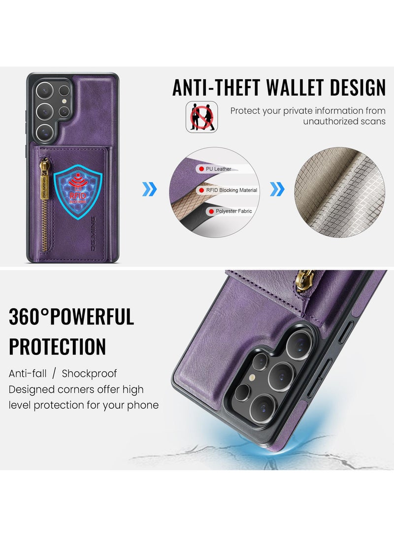 DGMING CaseMe Wallet Case for Samsung Galaxy S25 Ultra DGMING Premium Leather Phone Case Back Cover Magnetic Detachable with Trifold Wallet Card Holder Pocket - Purple  - Image 4