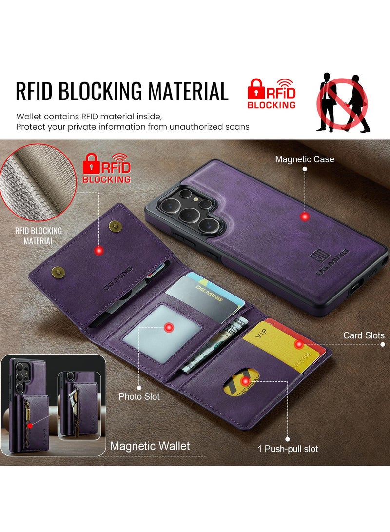 DGMING CaseMe Wallet Case for Samsung Galaxy S25 Ultra DGMING Premium Leather Phone Case Back Cover Magnetic Detachable with Trifold Wallet Card Holder Pocket - Purple  - Image 3