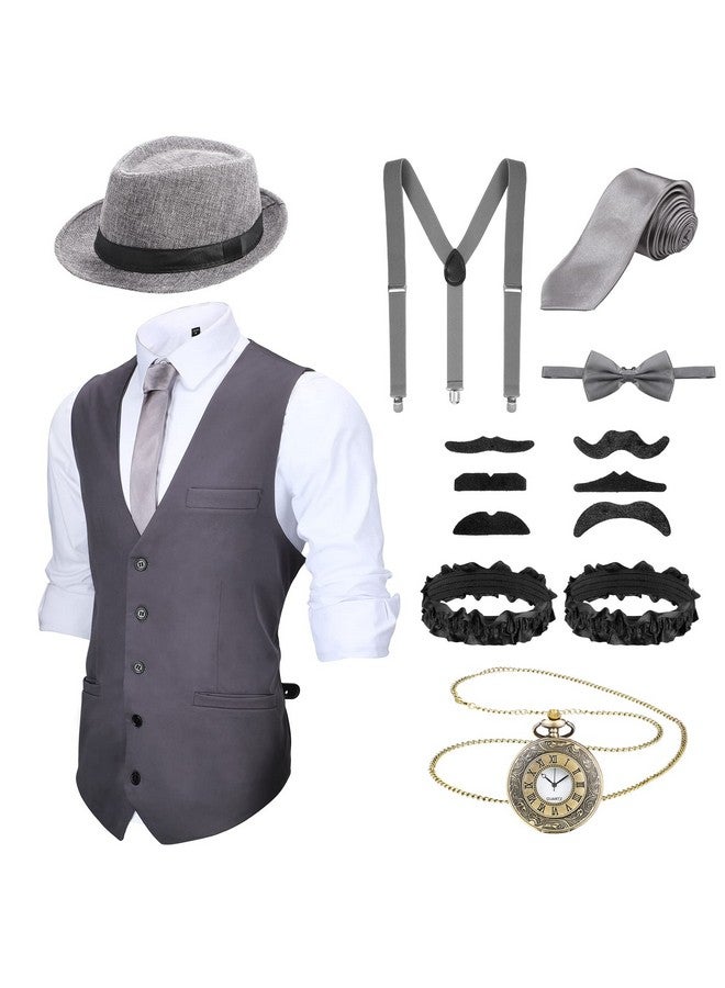 ساتينور زي رجالي من طراز SATINIOR من عشرينيات القرن العشرين مع سترة وقبعة وساعة جيب وحمالات (كبير، رمادي) - Image 1