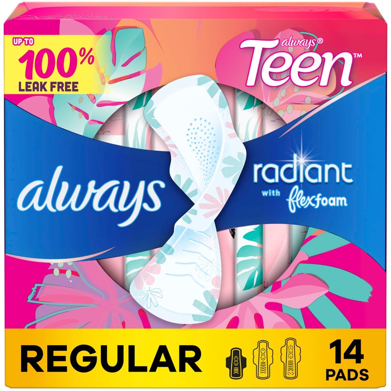 Always Radiant Teen Feminine Pads with FlexFoam Size 1 Regular Absorbency with Wings Unscented Up to 10 Hours of Protection 14 Count Packaging May Vary