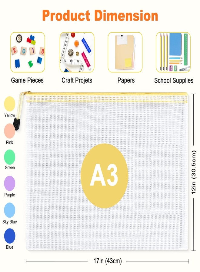 ASTEN Mesh Zipper Pouch Bags: Clear Zipper Pouches for Classroom, Plastic Mesh Bag for Board Game Puzzles Storage, A3 Waterproof Organizing Pouch for School and Office Supplies (17 x 12Inch, 12PCS, 6 Color) - Image 2