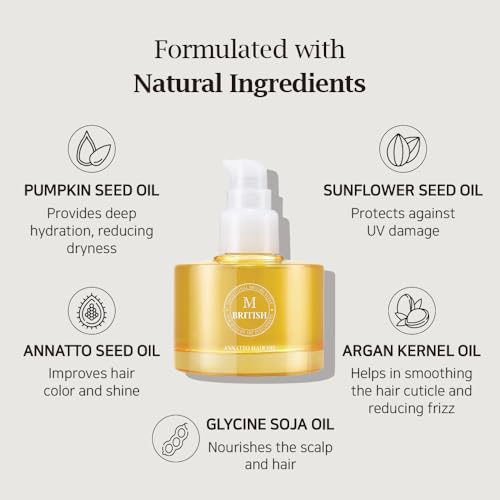BRITISH M Annatto Hair Oil 2.36 fl. oz – Frizz-Free Shine, Deep Hydration, Natural Vegan Formula, UV Protection, Salon-Quality for All Hair Types - Image 2