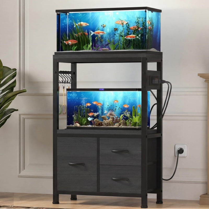 Heybly 10-20 Gallon Fish Tank Stand, Aquarium Stand with Drawer, Power Outlet, Heavy Duty Metal Frame, for Fish Tank, Turtle & Reptile Terrarium, 24.4" Ã— 12.6" Top, 200lbs, Rustic Brown HAS003SSR - Image 1